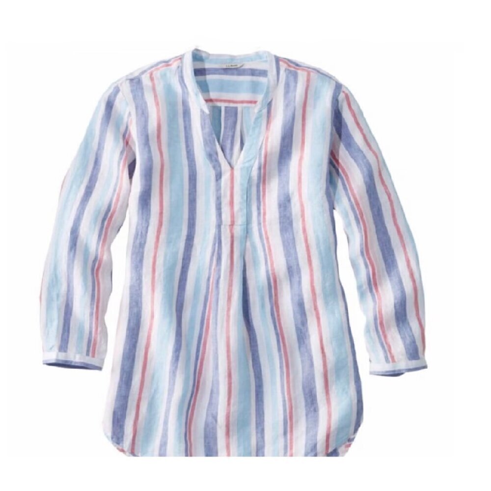 L.L. Bean Linen Oversized Tunic Top Splitneck Long-Sleeve Stripe Size S